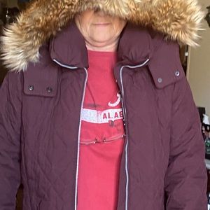 Beautiful eggplant color winter coat with faux fur